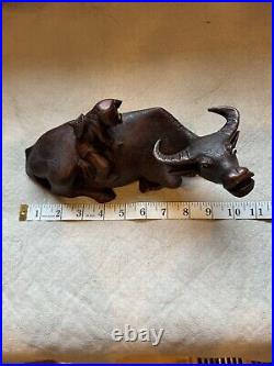 Vintage Chinese Hand Carved Wood Sculpture of a Boy/Man On a Water Buffalo/Oxen