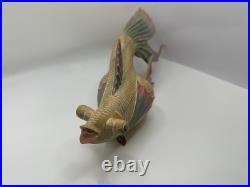 Vintage Chinese Koi Wood Teak Carved Hand Painted Fish Sculpture