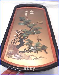 Vintage Chinese LARGE JADE AGATE STONE DIORAMA Hand Painted Wood Sculpture62cm#3