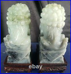 Vintage Chinese Nephrite Jade Foo Dogs Carving Sculptures With Carved Wood Stands