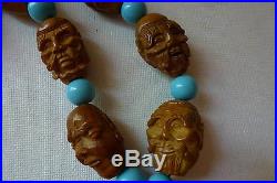 Vintage Chinese Nut Pit Carving Beads Guan Yin Wood Carving Pendant Necklace