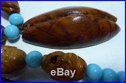 Vintage Chinese Nut Pit Carving Beads Guan Yin Wood Carving Pendant Necklace