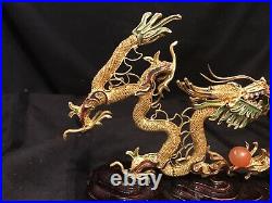 Vintage Chinese Ornate Enamel 2 Dragon Art Sculpture On Wood Base