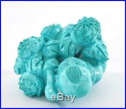 Vintage Chinese Turquoise Carved Carving Boy Figure Figurine Flower Wood Stand