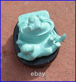 Vintage Chinese Turquoise Carved Carving Boy Figure Figurine Wood Stand AS IS