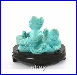 Vintage Chinese Turquoise Carved Carving Boy Figure Figurine Wood Stand AS IS