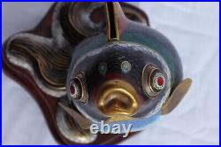 Vintage Cloisonné Enameled Brass Koi Fish Sculpture on Wood Stand 7
