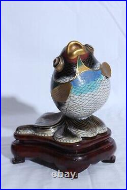 Vintage Cloisonné Enameled Brass Koi Fish Sculpture on Wood Stand 7