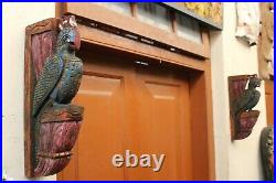 Vintage Corbel Pair Peacock Statue Wooden Wall Bracket Home Decor Bird Sculpture
