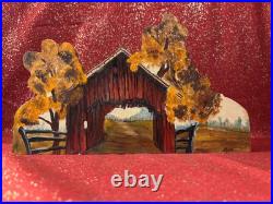 Vintage Country Living Covered Bridge Painting Carving on Wood Hanging Art Decor