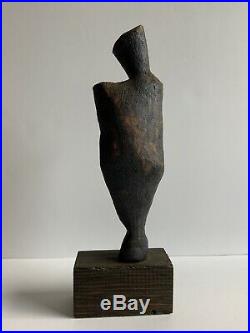 Vintage Cubist Clay Sculpture Figure Abstract Brutalist Wood Mount Signed Tonino
