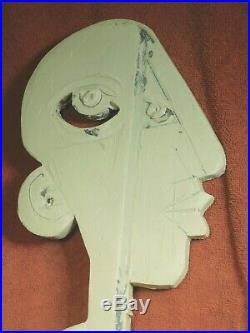 Vintage Cubist Wood Plaster Outsider Sculpture Portrait Bust HEAD Brutalist Male