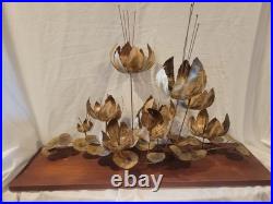 Vintage Curtis JERE Table SCULPTURE Lotus Blossoms Flowers Brass Wood 30x9x19