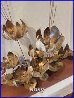 Vintage Curtis JERE Table SCULPTURE Lotus Blossoms Flowers Brass Wood 30x9x19