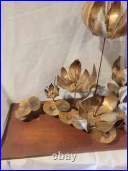 Vintage Curtis JERE Table SCULPTURE Lotus Blossoms Flowers Brass Wood 30x9x19