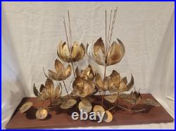 Vintage Curtis JERE Table SCULPTURE Lotus Blossoms Flowers Brass Wood 30x9x19