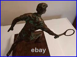 Vintage Curtis Jere Brutalist Bronze Tennis Player Wood Base Sculpture as is