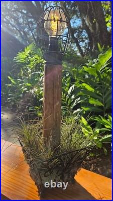 Vintage Cypress Wood Table Lamp Mid Century Folk Art Sculpture Works