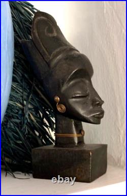 Vintage Dark Carved Wood Sculpture African Woman Queen Head Bust