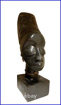 Vintage Dark Carved Wood Sculpture African Woman Queen Head Bust