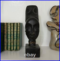 Vintage Dark Carved Wood Sculpture African Woman Queen Head Bust