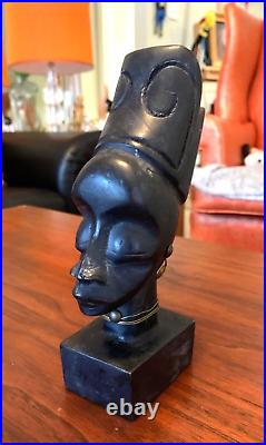 Vintage Dark Carved Wood Sculpture African Woman Queen Head Bust