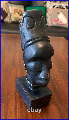 Vintage Dark Carved Wood Sculpture African Woman Queen Head Bust