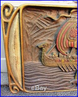 Vintage Deep Relief Wood Wall Sculpture Carving Vikings MID Century Norse Figure