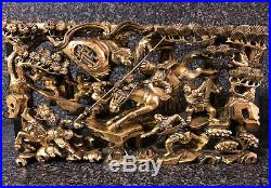 Vintage Detailed Warriors Chinese Asian Gold Art Antique Carving Wood Panel