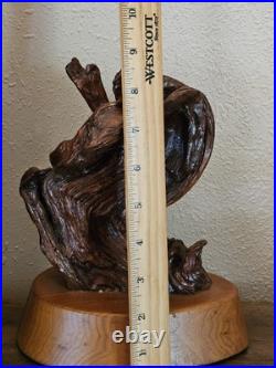 Vintage Driftwood Abstract Lacquer Polished Sculpture Mounted on Solid Wood Base