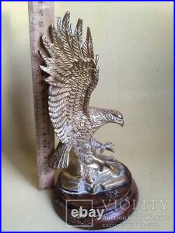 Vintage Eagle Bronze Statue Figurine Hunt Wood Base Wing Decor Art Rare Old 20th