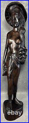 Vintage Ebony Wood Bali Statue Woman Carved Wood Sculpture 19 Tall