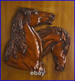 Vintage Equestrian Horse Heads Rustic Lodge Carved Wood Wall Plaque Sculpture