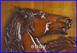 Vintage Equestrian Horse Heads Rustic Lodge Carved Wood Wall Plaque Sculpture