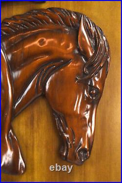 Vintage Equestrian Horse Heads Rustic Lodge Carved Wood Wall Plaque Sculpture