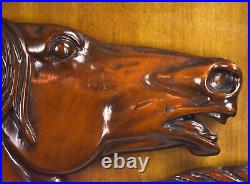 Vintage Equestrian Horse Heads Rustic Lodge Carved Wood Wall Plaque Sculpture