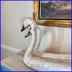 Vintage Extra Large Size Carved Wood Swan Couple Double Decoy Folk Art Duck
