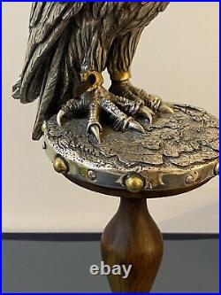 Vintage Falcon Sculpture Statue Krisa Silver Figurine On Stand Wood Italy 20th