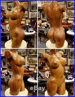 Vintage Female Nude Breast Bust Torso, 24 Wood Carved Sculpture, Signed
