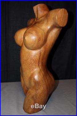 Vintage Female Nude Breast Bust Torso, 24 Wood Carved Sculpture, Signed