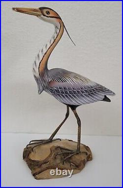 Vintage Folk Art Artisan Made Blue Heron Bird Statue Carved Painted 12.75 X 9