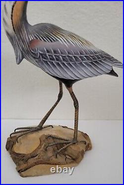 Vintage Folk Art Artisan Made Blue Heron Bird Statue Carved Painted 12.75 X 9