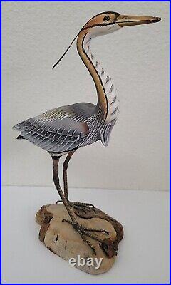 Vintage Folk Art Artisan Made Blue Heron Bird Statue Carved Painted 12.75 X 9