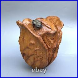 Vintage Folk Art Beetle On Wood Carved Cabbage Or Rose Sculpture