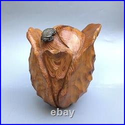 Vintage Folk Art Beetle On Wood Carved Cabbage Or Rose Sculpture