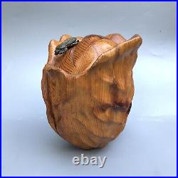 Vintage Folk Art Beetle On Wood Carved Cabbage Or Rose Sculpture