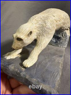 Vintage Folk Art Carved Painted Wooden Polar Bear Diving Signed Dated Carving