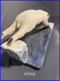 Vintage Folk Art Carved Painted Wooden Polar Bear Diving Signed Dated Carving