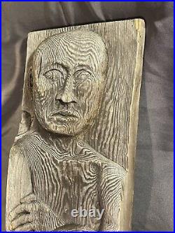 Vintage Folk Art Carved Wooden Deep Relief Figural Hanging Sculpture