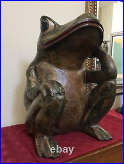 Vintage Folk Art FROG Toad Solid Wood Carved Painted Statue HUGE 19